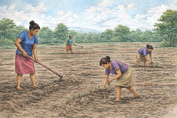 Dibujo de tres mujeres campesinas en un campo. Una ara con azadón, otra planta brotes, y la tercera trabaja con azadón al fondo. Cielo nublado y árboles.