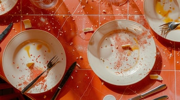 Imagen aérea de tres platos sucios con cubiertos sobre una mesa naranja, con migas de comida y restos de especias.