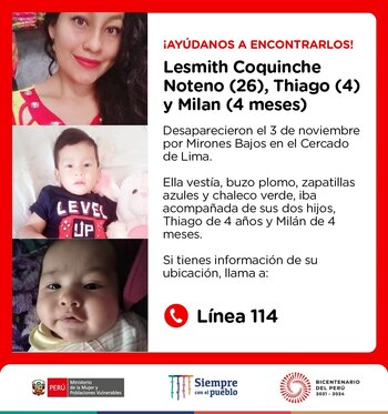 Lesmith Coquinche (26) junto a sus hijos Thiago (4) y Milan (4 meses) desaparecieron el 3 de noviembre en Cercado de Lima.