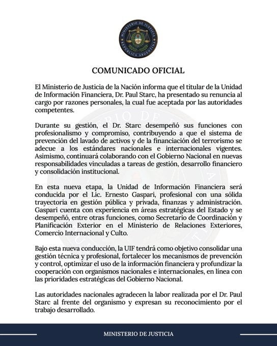 El comunicado del Ministerio de Justicia