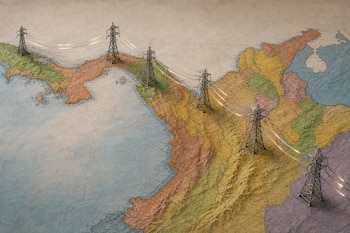 Mapa físico de Panamá y el norte de Colombia con torres de alta tensión metálicas unidas por cables brillantes.