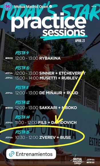 El listado de entrenamientos de la jornada en la Caja Mágica. Crédito: Mutua Madrid Open/ATPerú.