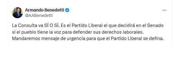 Armando Benedetti, ministro del Interior, dice que la consulta popular se hará, pese a reforma del Partido Liberal - crédito @AABenedetti/X