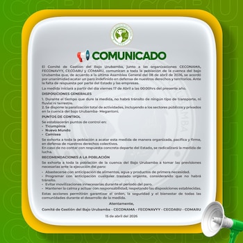 Un comunicado digital en español del Comité de Gestión del Bajo Urubamba, con un megáfono azul y blanco, anunciando un paro indefinido