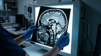 Manos con guantes azules sostienen una placa de resonancia magnética del cerebro frente a una pantalla iluminada.