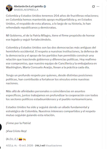 El presidente Abelardo de la Espriella confirmó postura bipartidista en la relación entre Colombia y Estados Unidos - crédito @ABDELAESPRIELLA/X