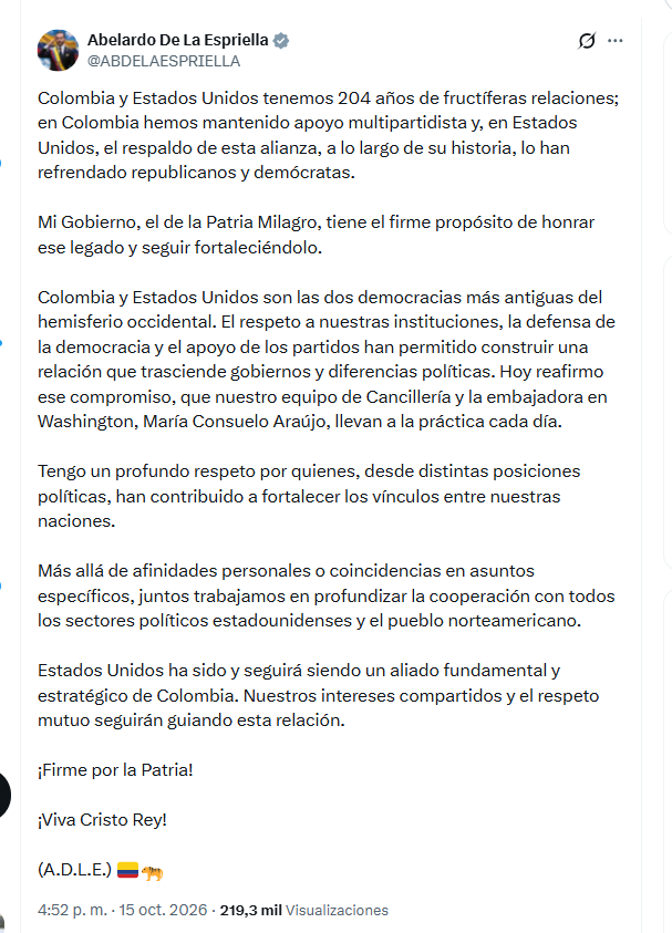 El presidente Abelardo de la Espriella confirmó postura bipartidista en la relación entre Colombia y Estados Unidos - crédito @ABDELAESPRIELLA/X