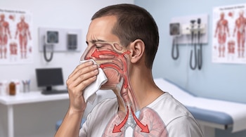 Hombre con un pañuelo en la nariz, seccionado para mostrar las vías respiratorias, pulmones y senos nasales. Flechas rojas indican flujo. Fondo de consultorio médico.