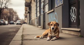 Un perro reposa sobre la vereda luego de haber sido maltratado y abandonado