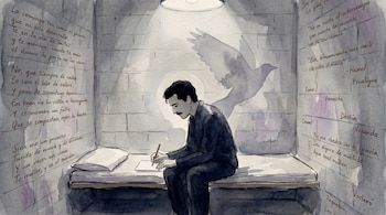 Ilustración en acuarela: Roque Dalton, con bigote, sentado en un catre en una celda oscura, escribiendo con lápiz. Una sombra de pájaro en vuelo se proyecta en la pared con textos.