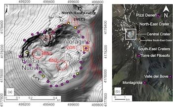 (a) Mapa de los cráteres de la cumbre del Monte Etna (modificado de Neri et al., 2017) con la ubicación de las estaciones de dosimetría de radón (los puntos amarillos representan las estaciones que fueron reemplazadas en julio y los puntos morados las demás estaciones). Los círculos rojos punteados representan las chimeneas de desgasificación activas durante el período de exposición de los dosímetros. VOR significa chimenea Voragine y BN1–BN2 para las dos chimeneas Bocca Nuova. El punto caliente de radón frente a la chimenea VOR (ver texto para más detalles) está indicado con un marco naranja. Las líneas rojas representan las principales fracturas de norte a sur formadas en el borde después de la erupción de mayo de 2016 (dibujado a partir de Marchese et al., 2018). (b) Vista más amplia del área de la cumbre del Monte Etna (extraída de Google Earth) con la posición de las cuatro estaciones de dosimetría de referencia remotas. El marco blanco corresponde al mapa en (a).