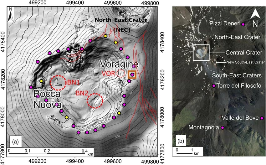 Mapa de los cráteres de la cumbre del Monte Etna con líneas rojas que representan las principales fracturas tras la erupción de 2016 (Researchgate)