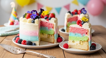 Pastel de capas rosa, azul, verde y vainilla con nueces, decorado con crema, fresas, arándanos, frambuesas, moras y flores, sobre una mesa de madera con un servidor.