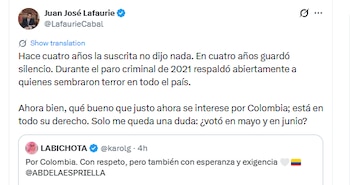 Juan José Lafaurie reaccionó a la carta de Karol G - crédito @LafaurieCabal/X