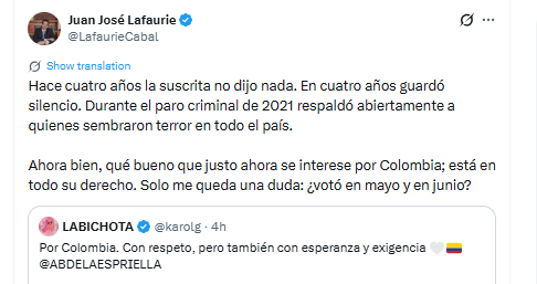 Juan José Lafaurie reaccionó a la carta de Karol G - crédito @LafaurieCabal/X