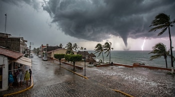 Pueblo costero bajo fuerte tormenta. Tromba marina en el mar, relámpagos, lluvia y granizo cubren la calle. Personas con impermeables observan.