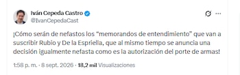 El congresista Iván Cepeda Castro se refirió a la visita de Marco Rubio a Colmbia y al levantamiento de la suspensión general de los permisos para el porte de armas de fuego - crédito @IvanCepedaCast/X