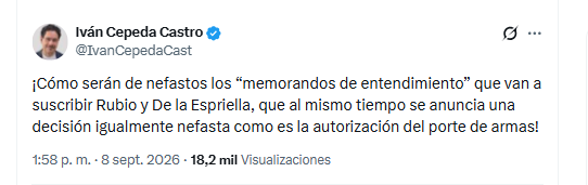 El congresista Iván Cepeda Castro se refirió a la visita de Marco Rubio a Colmbia y al levantamiento de la suspensión general de los permisos para el porte de armas de fuego - crédito @IvanCepedaCast/X