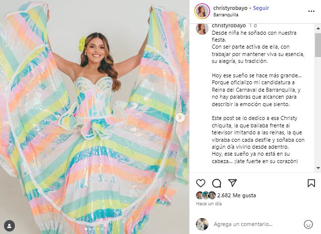 La joven sueña con convertirse en reina del Carnaval y cuenta con el apoyo de alguien muy especial - crédito @christyrobayo/IG