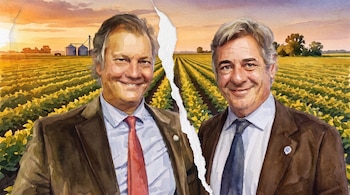 Ilustración al estilo acuarela de dos hombres con traje y corbata, divididos verticalmente por un efecto de papel roto sobre un cultivo de soja.