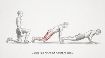 Dibujo a lápiz de tres figuras en secuencia de caída al suelo sobre fondo claro, con músculos de las piernas en rojo y un letrero al pie.