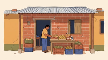 Ilustración de un hombre junto a una mesa con frutas y envases frente a una fachada de ladrillo con techo metálico y cajas de plástico.