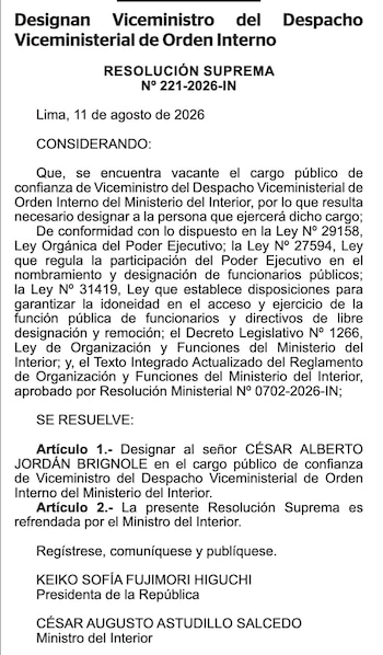 Documento oficial con texto en español que muestra una Resolución Suprema de designación de viceministro, con firmas y fecha