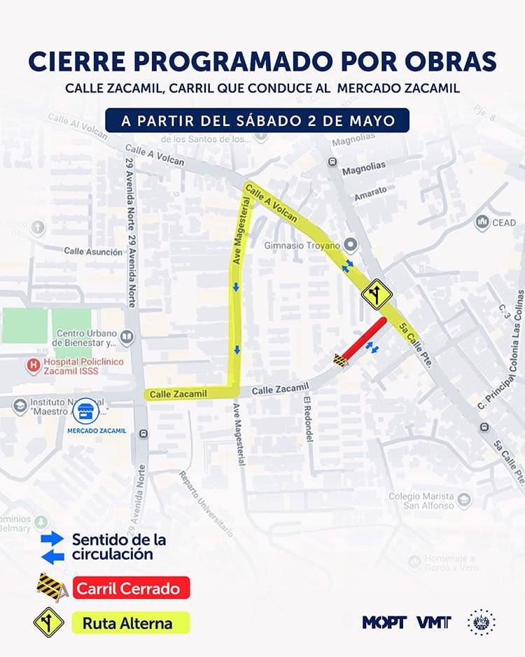 El cierre controlado de un carril en la calle Zacamil inicia la nueva fase de construcción del Metrocable en San Salvador. (Foto cortesía VMT)