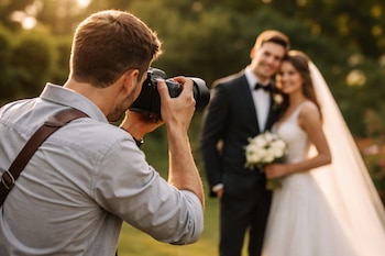Un fotógrafo de espaldas toma una foto de una pareja de recién casados. La novia usa un vestido blanco y el novio un traje. Fondo verde borroso con luz cálida