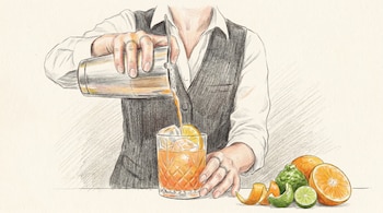 Ilustración a color de un barman vertiendo un cóctel naranja de una coctelera plateada en un vaso con hielo, con naranjas y limas en el mostrador.