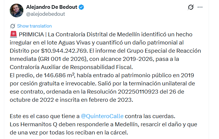 El presidente del Concejo de Medellín, Alejandro De Bedout, reaccionó al informe de la Contraloría y destacó que el expediente será trasladado a la dependencia encargada del proceso de responsabilidad fiscal - crédito @alejodebedout/X