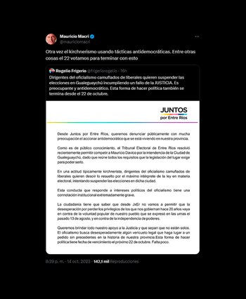 Tuit del ex presidente Mauricio