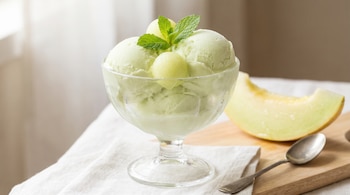 Copa de vidrio con helado verde claro, esferas de melón y menta, ubicada junto a una rodaja de melón y una cuchara sobre una tabla de madera.