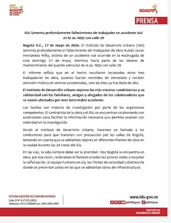 O órgão informou que o órgão competente está investigando o caso e confirmou seu compromisso de cooperar com as autoridades para esclarecer a causa do incidente – Gabinete do Prefeito de Bogotá