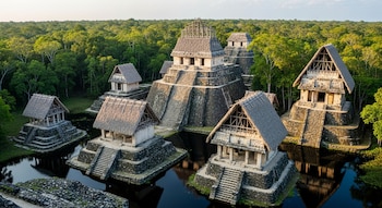Vista aérea de un asentamiento maya recreado con pirámides escalonadas de piedra, casas con techos de paja sobre plataformas y canales de agua oscuros, rodeado de densa vegetación selvática.