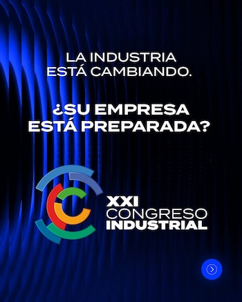 Fondo azul con líneas. Texto: La industria está cambiando. ¿Su empresa está preparada? XXI Congreso Industrial. Logo multicolor y flecha
