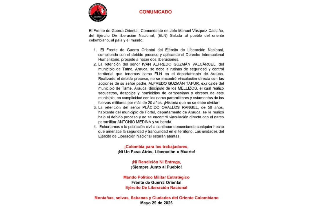 El grupo armado asegura que el padre del liberado es responsable de crímenes en la región - crédito ELN