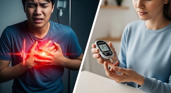 Collage mostrando a un hombre con dolor de pecho y un corazón rojo, y a una mujer usando un glucómetro para medir su azúcar en la sangre.