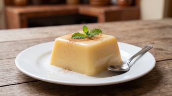 Gelatina cúbica de color crema con canela y menta en un plato blanco junto a una cuchara sobre una mesa de madera.