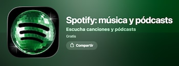 Interfaz de la app Spotify con el logo de una bola de discoteca verde, el título "Spotify: música y podcasts" y la opción de compartir