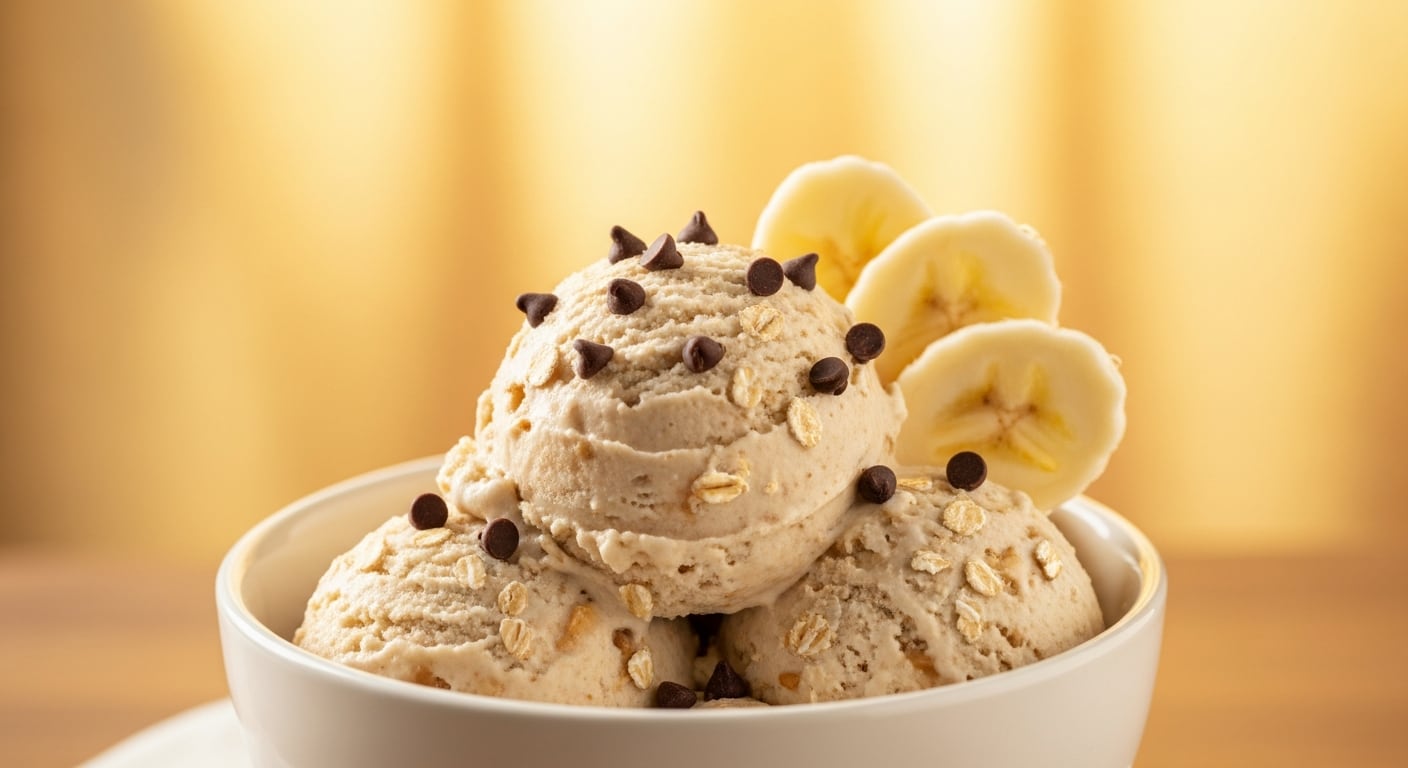Este helado cremoso de banana, avena y mantequilla de maní es presentado en un bol blanco, adornado con chips de chocolate y rodajas de banana fresca sobre un fondo cálido. (Imagen Ilustrativa Infobae)