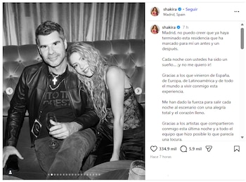 Shakira publicó en su cuenta de Instagram una foto junto a Antonio de la Rúa tras la última función de su residencia en Madrid
