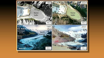 El estudio de Schmidt et al. (2025) aborda el peligro geológico de una inundación repentina (fenómeno conocido como GLOF) originada desde el lago Torre (o laguna Torre) que amenaza con afectar a la localidad de El Chaltén (imágenes: Daniela Schmidt y Diego Wincour)