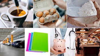 Café, huevos, harina, estacionamiento, cuadernos,