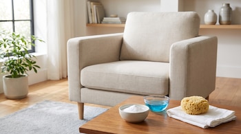 Un sillón de tela claro, una mesa de madera con un recipiente de polvo blanco, un recipiente de líquido azul, una esponja y un paño blanco. Una planta y una ventana.