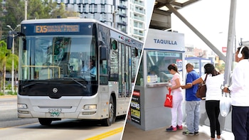 Imagen dividida que muestra un bus del Metropolitano en movimiento y personas haciendo fila en una taquilla de la Estación Tomás Valle en Lima