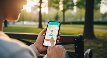 Manos usando un smartphone con una app de movilidad mostrando un mapa y un coche verde. Persona sentada en un banco de parque con luz dorada del atardecer.