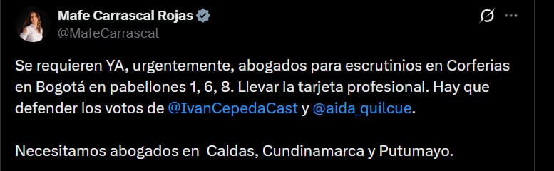 María Fernanda Carrascal hizo un llamado a los abogados a defender la democracia, asegurando que se necesitan en Corferias y en Caldas, Cundinamarca y Putumayo - crédito @MafeCarrascal/X
