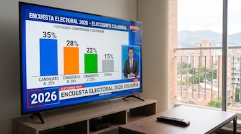 Televisor encendido mostrando una encuesta electoral con gráficos de barras, un presentador de noticias y los resultados de candidatos. Un control remoto está sobre una mesa.
