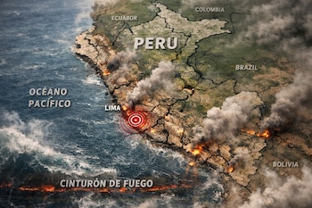 Mapa editorial de Perú con epicentro sísmico en Lima, mostrando el Océano Pacífico, el Cinturón de Fuego y zonas con incendios y humo.
